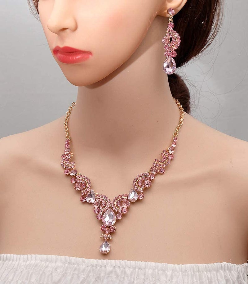 CSY 4 Pcs/Sets Elegant Crystal Necklace Earrings Bracelet Ring Bridal Wedding Costume Jewelry Sets for Brides Women Gifts (Gold Plated-Pink) - Image 5